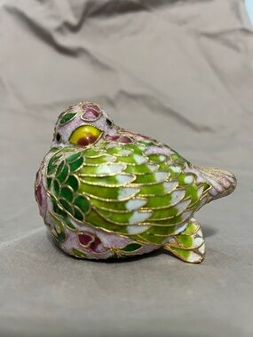 Cloisonne Champleve Bird Figurine Rose Pattern Pinks Greens Vintage